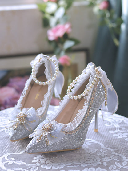 Beads Decorated Lace Trim Glittering Silver Grey 6CM/8CM High Heels