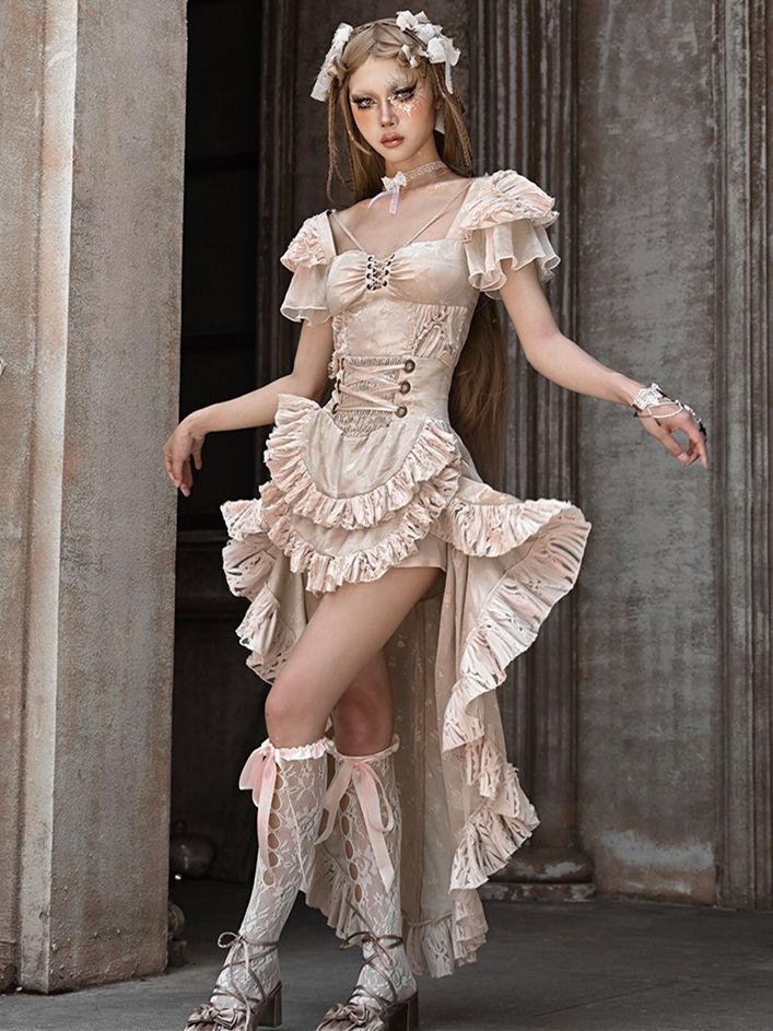 Champagne High Waist Ruffles Train High-low Skirt with Floral Pattern