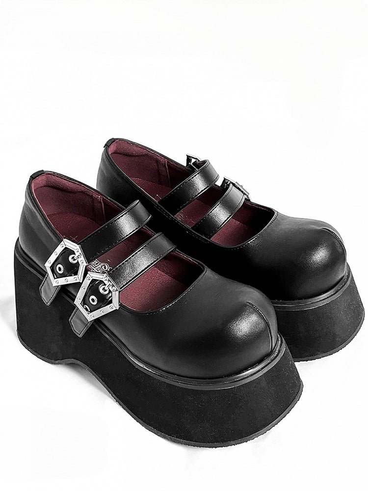 Buckle Straps Matte Black Platforms Round Toe Punk Shoes