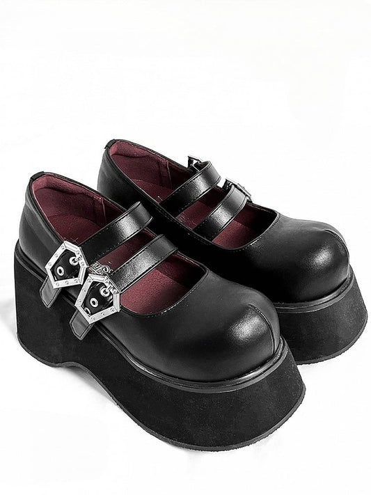 Buckle Straps Matte Black Platforms Round Toe Punk Shoes
