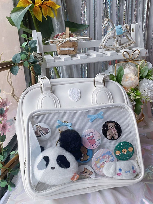 Bear Ears Design White/Wine Red/Silver PU Square Ita Bag