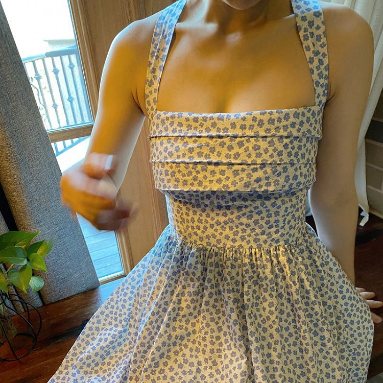 Blue Halter Neck Vintage Dress with Floral Print