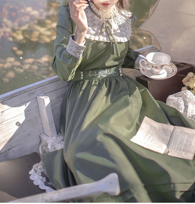 Floral Embroidery Green Vintage Dress Ruffle Neckline Puff Sleeves