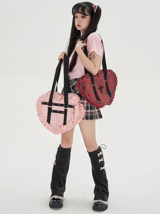 Pink/Red Sweetheart-shaped Ruffle Trim Shoulder Bag