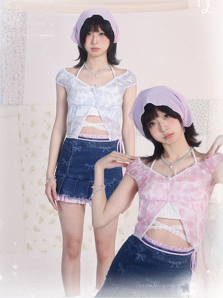 Blue Floral Print V-neck Top Lace Trim