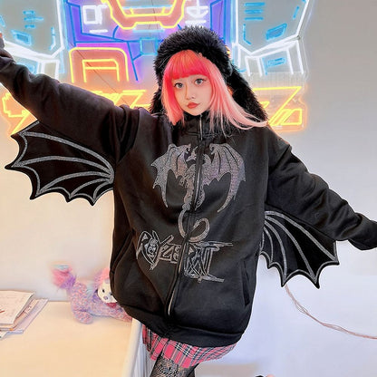 Rhinestones Dragon Decorated Wings Design Hooded Black Jacket