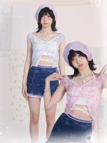 Pink Floral Print V-neck Top Lace Trim