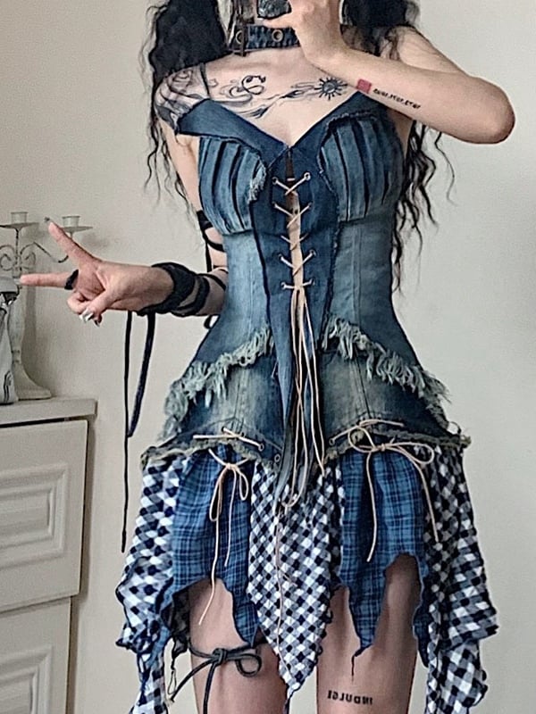 Lace-up Detail Navy Blue Glamorous Denim Cami Top