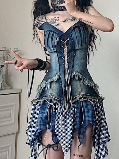 Lace-up Detail Navy Blue Glamorous Denim Cami Top