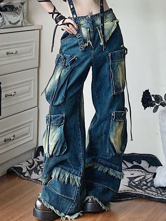 Wasteland Punk Cargo Pockets Faded Wash Wide Leg Jeans