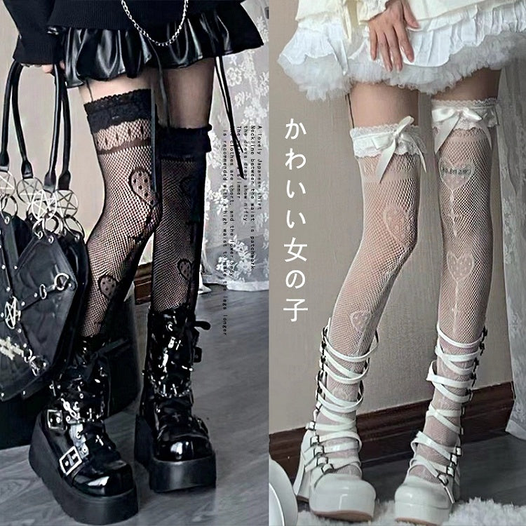 Black/White Over Knee Stockings With Sweetheart Pattern