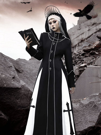 Black and White High Neck Metal Cross Decorated Gothic Woolen Coat