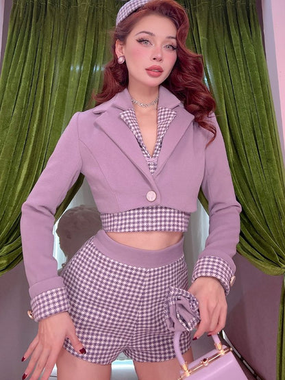 Notched Collar Purple Jacket Houndstooth Cuffs