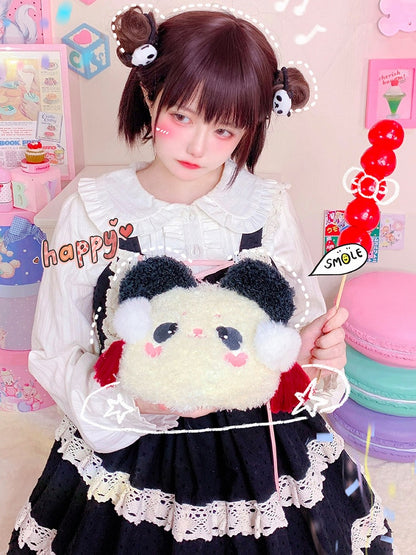 Panda Head-shaped White Beads Shoulder Strap Crossbody Plush Bag