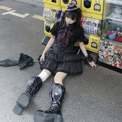 Bad Bunny Lace Trim Bunny Ears Platform Boots Black&Purple PU Gothic Shoes