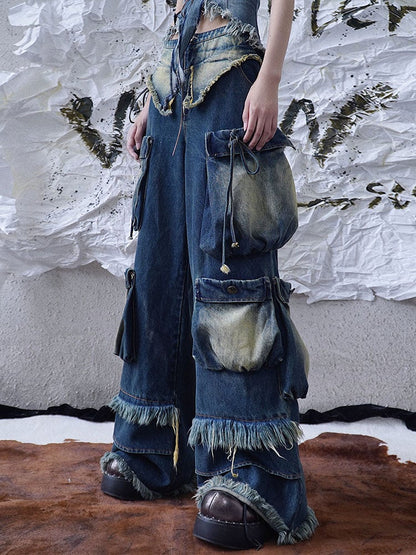 Wasteland Punk Cargo Pockets Faded Wash Wide Leg Jeans