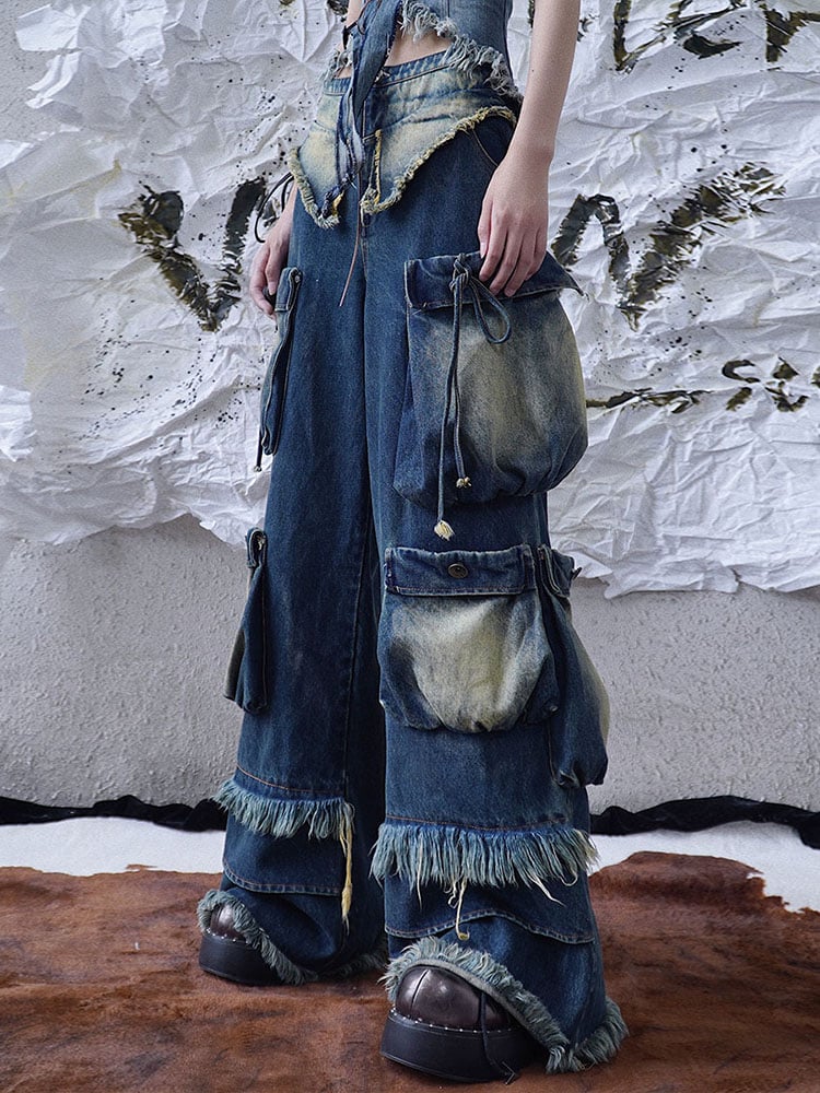 Wasteland Punk Cargo Pockets Faded Wash Wide Leg Jeans