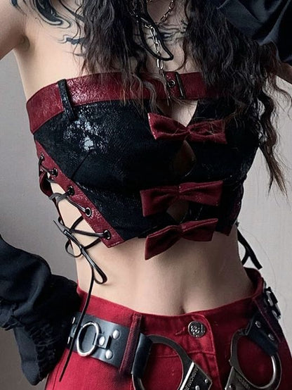 Black PU Strapless Cropped Top with Red Bowknots Music Festival Outfits
