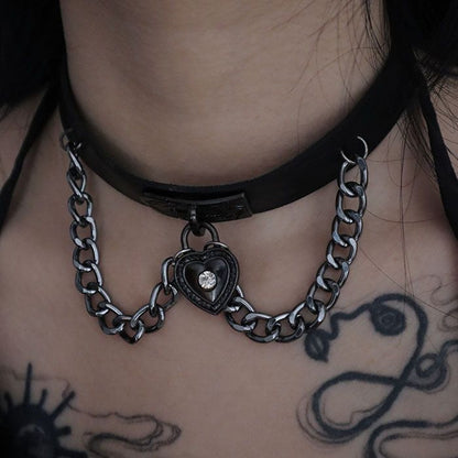 Black Punk PU Choker with Metal Chain