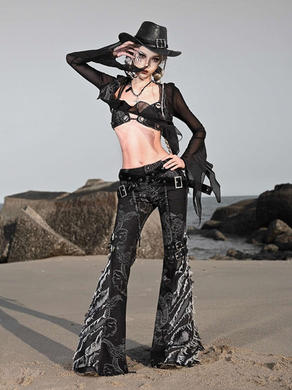 Straps Studs and Tassels Fringe Black Flared Jeans Dragon Pattern Coachella Outfits