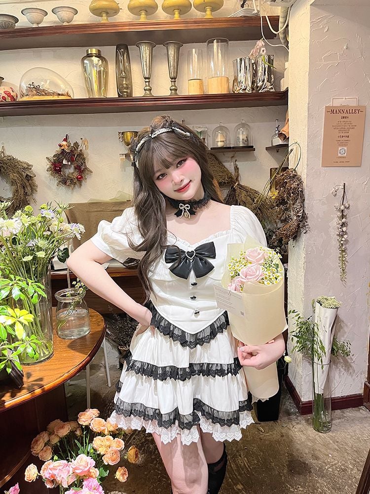 Plus Size-White Puff Sleeves Blouse + Tiered Skirt and Flounce Hem Skirt