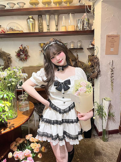 Plus Size-White Puff Sleeves Blouse + Tiered Skirt and Flounce Hem Skirt