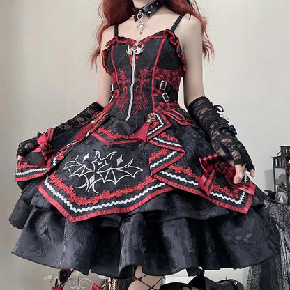 Black and Red Bat and Cross Embroidery Gothic Lolita JSK Zip Front and Buckle Side