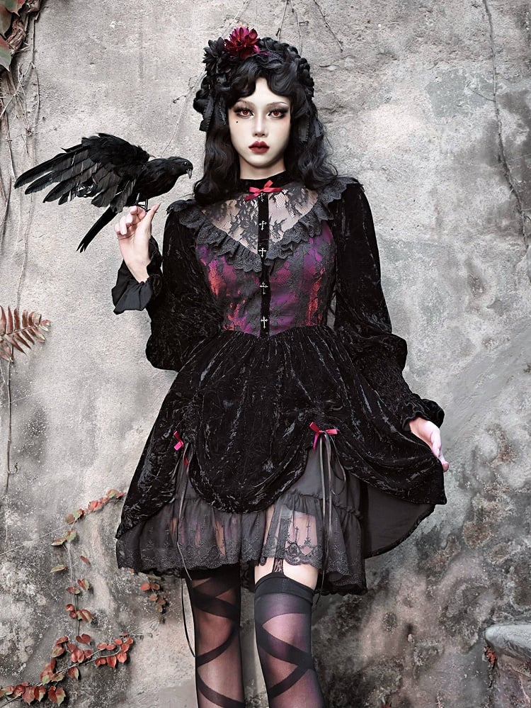 Rose Cemetery Lace Patches Bodice Drawstring Hem Dress