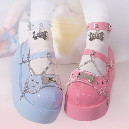 Metal Bones Decorated Pink Platforms Punk Shoes Studs Chain Design