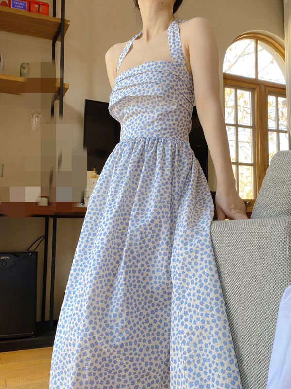 Blue Halter Neck Vintage Dress with Floral Print