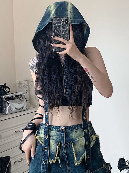 Dune Inspired  Punk Straps Design Hooded Denim Top