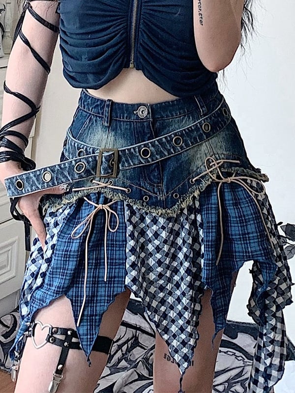Handkerchief Hem Denim Skirt Patchwork Design