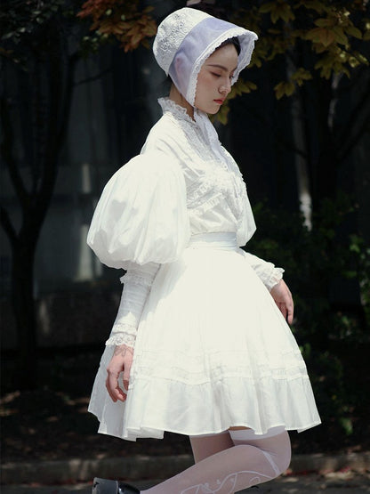 White Leg-of-Mutton Sleeves Vintage Lace Blouse and White Skirt Short Version Set