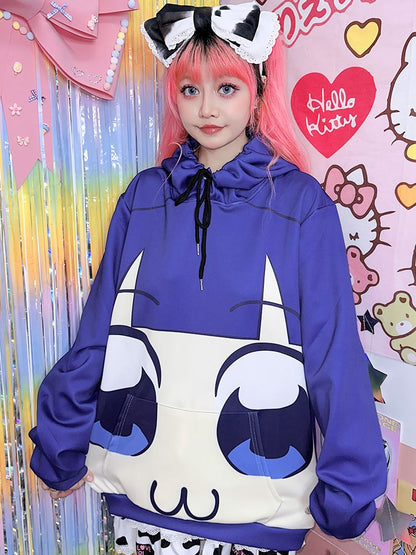 Blue/Yellow Big Eyes Cartoon Print Hoodie