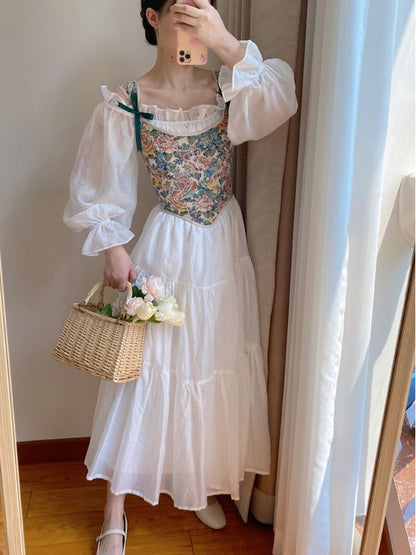 Oil Painting Floral Pattern Corset with Scoop Neckline