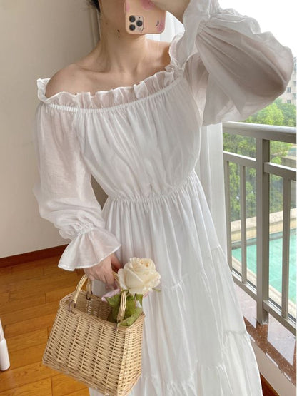 White Off-the-shoulder Neckline Vintage Dress with Flounce Hem