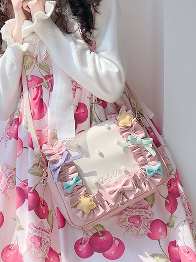 Fold-over Flap Creamy Dots Bowknots Shoulder Bag