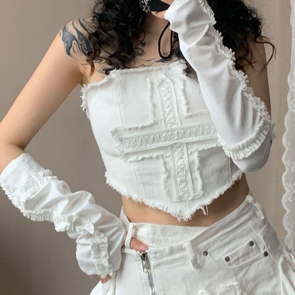 Black/White/Red Sleeves Ruffle Trim Cross Design