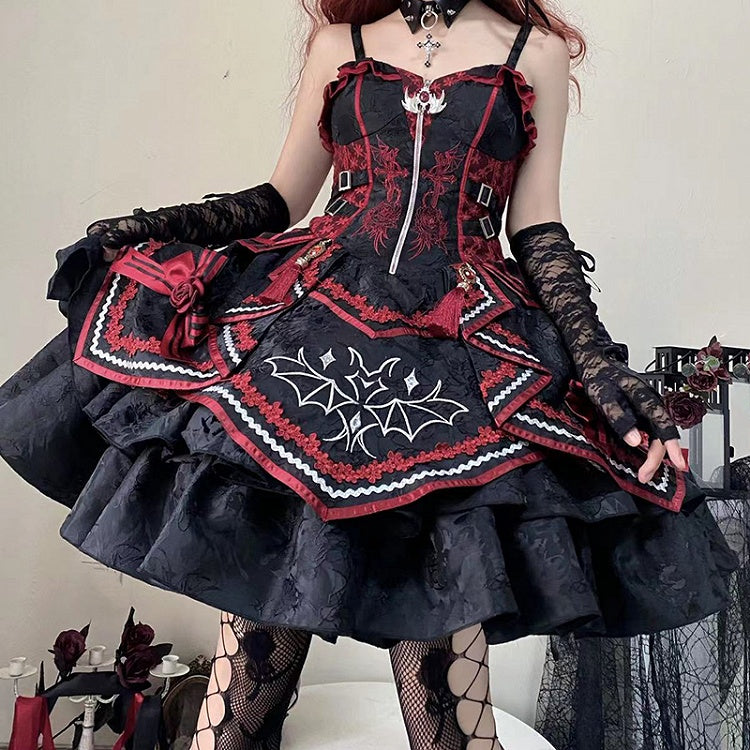 Black and Red Bat and Cross Embroidery Gothic Lolita JSK Zip Front and Buckle Side