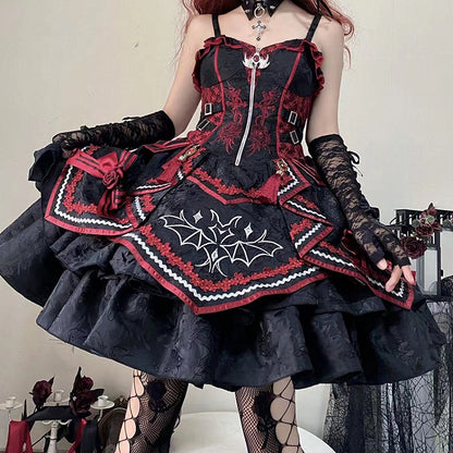Black and Red Bat and Cross Embroidery Gothic Lolita JSK Zip Front and Buckle Side
