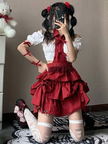 Red Halter Neck Overall Skirt with Metal Rings Decorated Hem