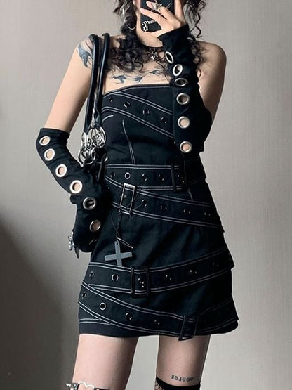 Buckles Decorated Strapless Black Dress Music Festival Outfits