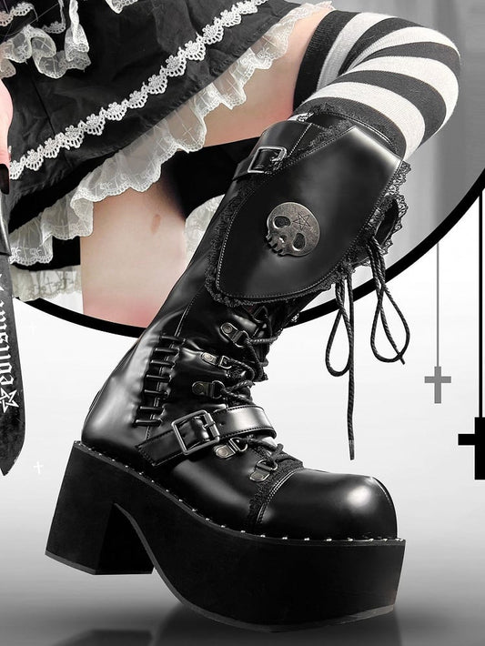 Clearance-Size 37 Bad Bunny Lace Trim Bunny Ears Design Black PU Gothic Lolita Platforms Boots