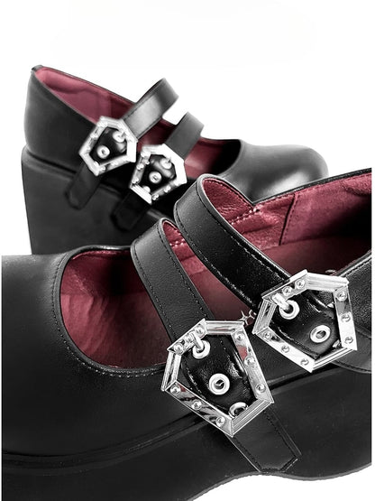Buckle Straps Matte Black Platforms Round Toe Punk Shoes