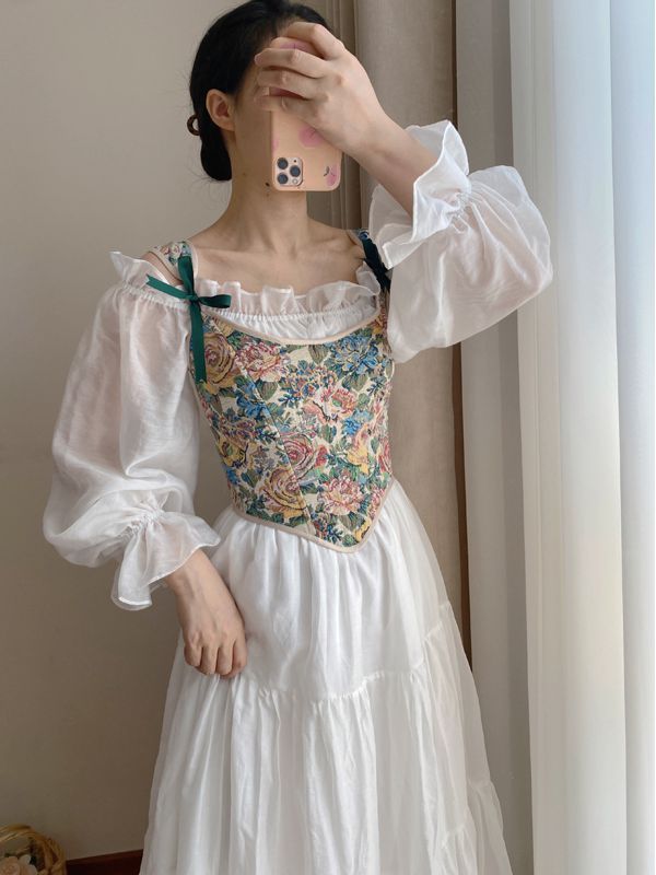 Oil Painting Floral Pattern Corset with Scoop Neckline
