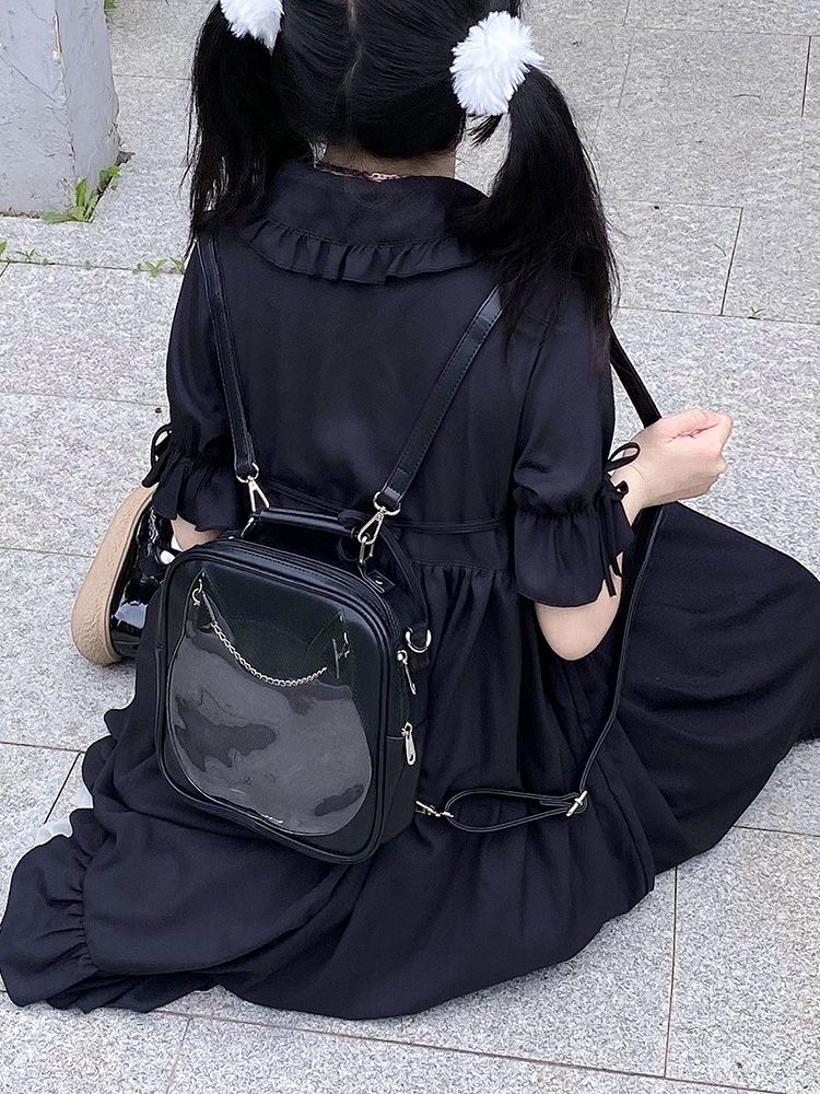 Cat Head-shaped Window Black PU Square Ita Bag