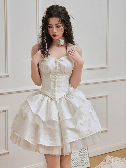White Boned Corset Top with Underwire Cups Rosettes Brooch