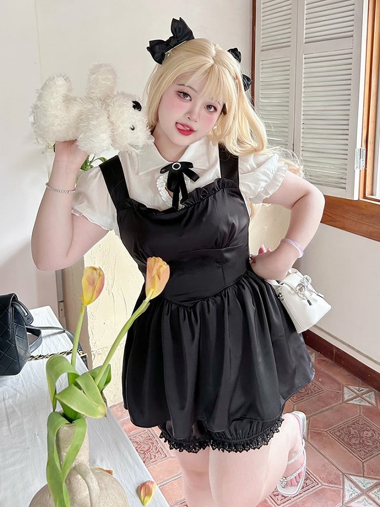 Plus Size Friendly Black Basque Waist Overalls/Lace Cuffs Bloomers