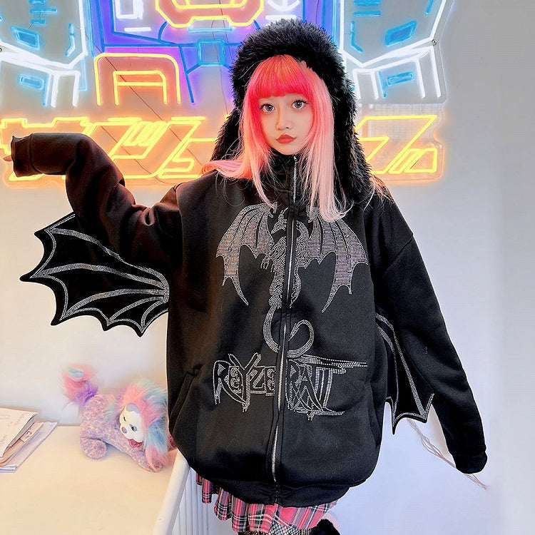 Rhinestones Dragon Decorated Wings Design Hooded Black Jacket