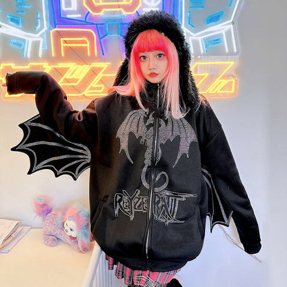 Rhinestones Dragon Decorated Wings Design Hooded Black Jacket